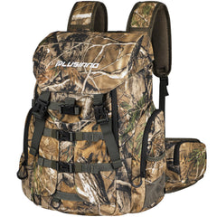 PLUSINNO hunting backpack front view highlighting stealth camouflage and accessible pockets