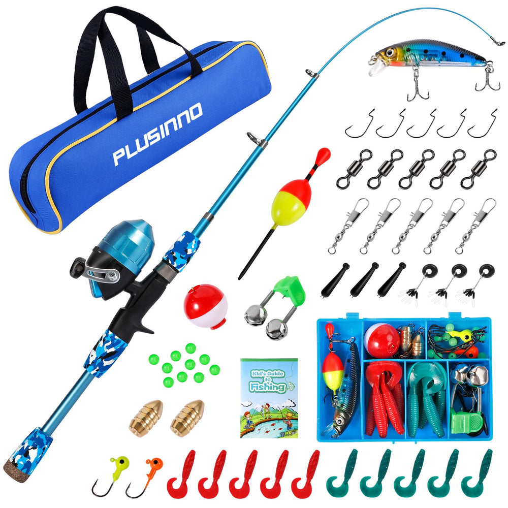 PLUSINNO kids fishing pole 150cm blue ready for outdoor beginners.