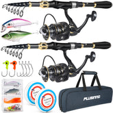 PLUSINNO fishing rod and reel combo assembled for easy storage and transport.