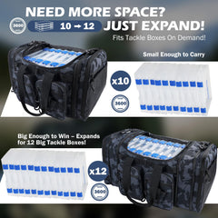 Expanded PLUSINNO tackle bag to 37L capacity holding 12 tackle boxes