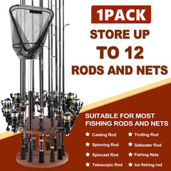 Wooden round floor stand storing up to 12 fishing rods in a garage