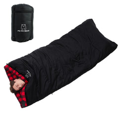 PO PO BEAR Zero Degree sleeping bag close-up shows plush cotton flannel warmth.