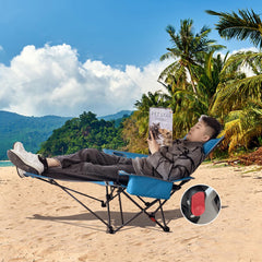 POEPORE folding camping chair shown with cooler bag for drinks outdoors.