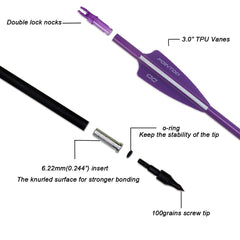 Pointdo fluorescent arrows with purple and white fletching for quick target finding.