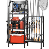 POKIPO three-tier fishing rod holder mounted on a garage wall
