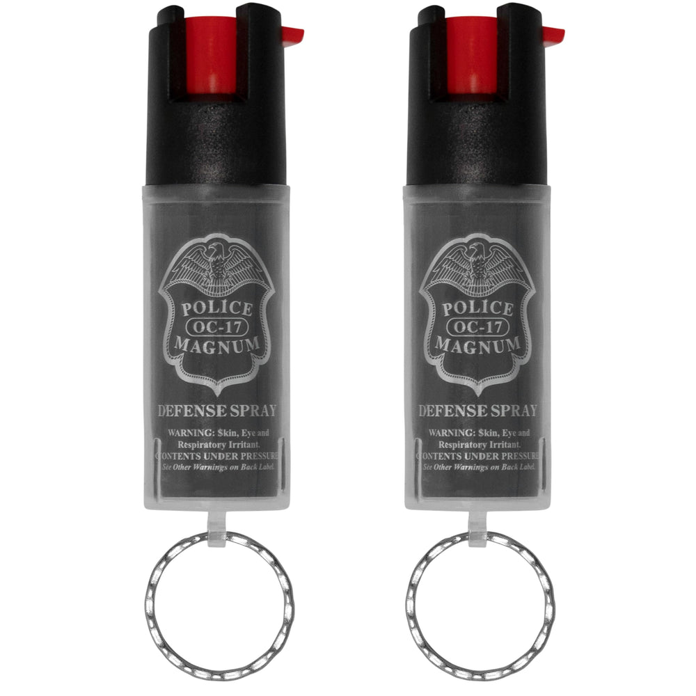 Police Magnum pepper spray keychain set with red sleeves for quick access