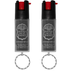 Police Magnum pepper spray keychain set with red sleeves for quick access