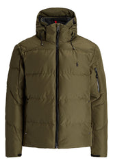 Polo Ralph Lauren water-repellent hooded jacket olive, front view with full-zip closure.