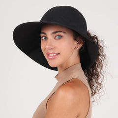 Ponyflo Sun Hat Black side view highlights versatile sun protection on the go.