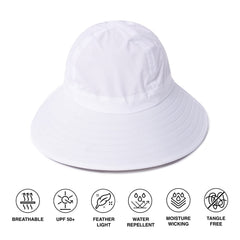 Ponyflo Sun Hat White worn on trail, ideal for hiking and gardening.