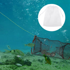 Set of bait bags for crab traps showing contents