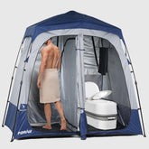 Porayhut two-room setup shows privacy and space for changing.