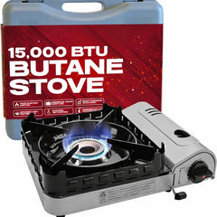 Portable Butane Camp Stove 15000 BTU front view with Piezo ignition for quick outdoor cooking