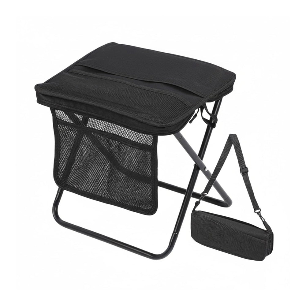 Portable Folding Camping Stool with mesh storage keeps essentials handy.
