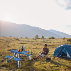 Portable Folding Picnic Table stool integrated, blue, convenient seating outdoors.