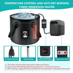 Portable Hot Shower immersion heater 1500W delivers quick warm water for camping.