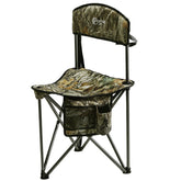 Portal extra-large camo tripod stool with backrest for comfortable outdoor seating.