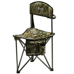 Portal extra-large camo tripod stool with backrest for comfortable outdoor seating.