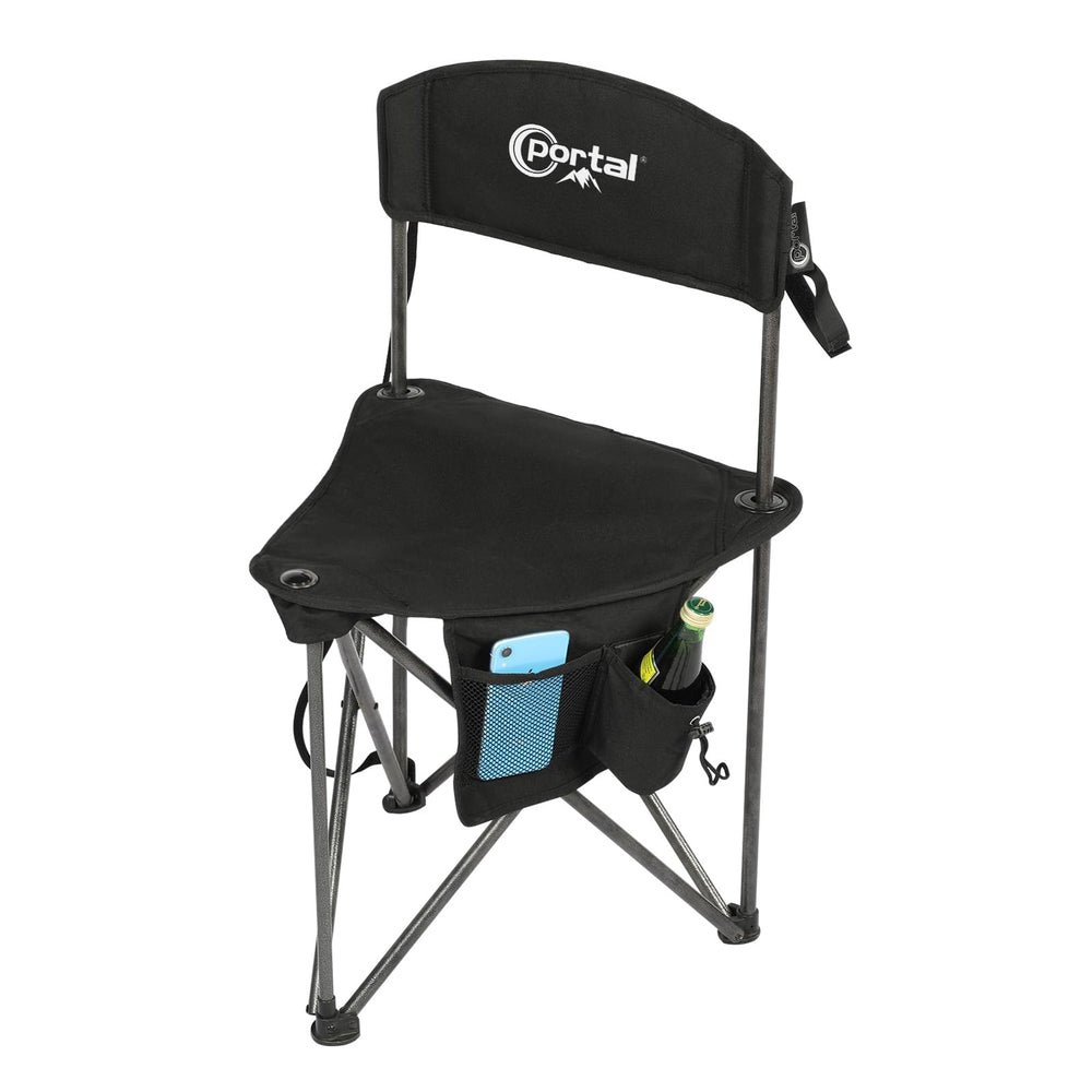 Portal extra-large tripod stool setup shows wide seat for outdoor comfort