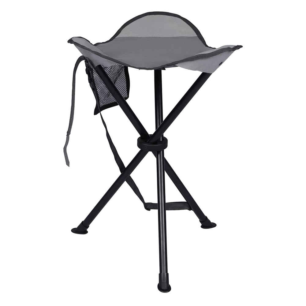 Portal tall folding tripod stool closed, compact for easy backpacking and transport.