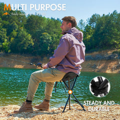 Portal Tall Folding Tripod Stool showing sturdy steel legs on uneven ground