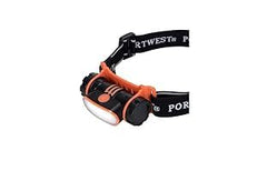 Portwest PA70 headlamp worn with adjustable strap for comfortable wear.