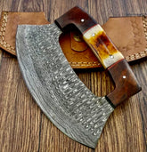 Poshland TTC-111 damascus ulu knife close-up with bone-wood handle for precise chopping.