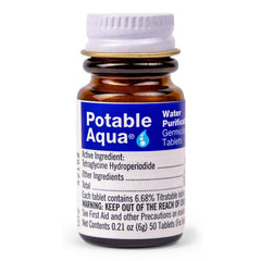 Potable Aqua tablets bottle for reliable outdoor water purification during camping.