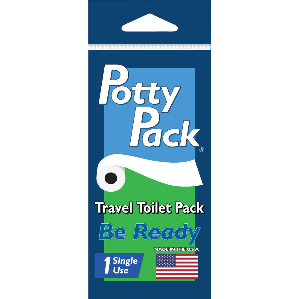 Potty Pack seat cover protects surfaces during outdoor bathroom breaks.