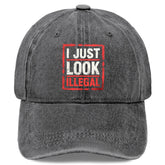 Povmekd I Just Look Illegal Hat light grey front view, casual wear with adjustable strapback.