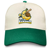 Povmekd Let's Go Bananas cap front view in green washed denim for casual daily wear.