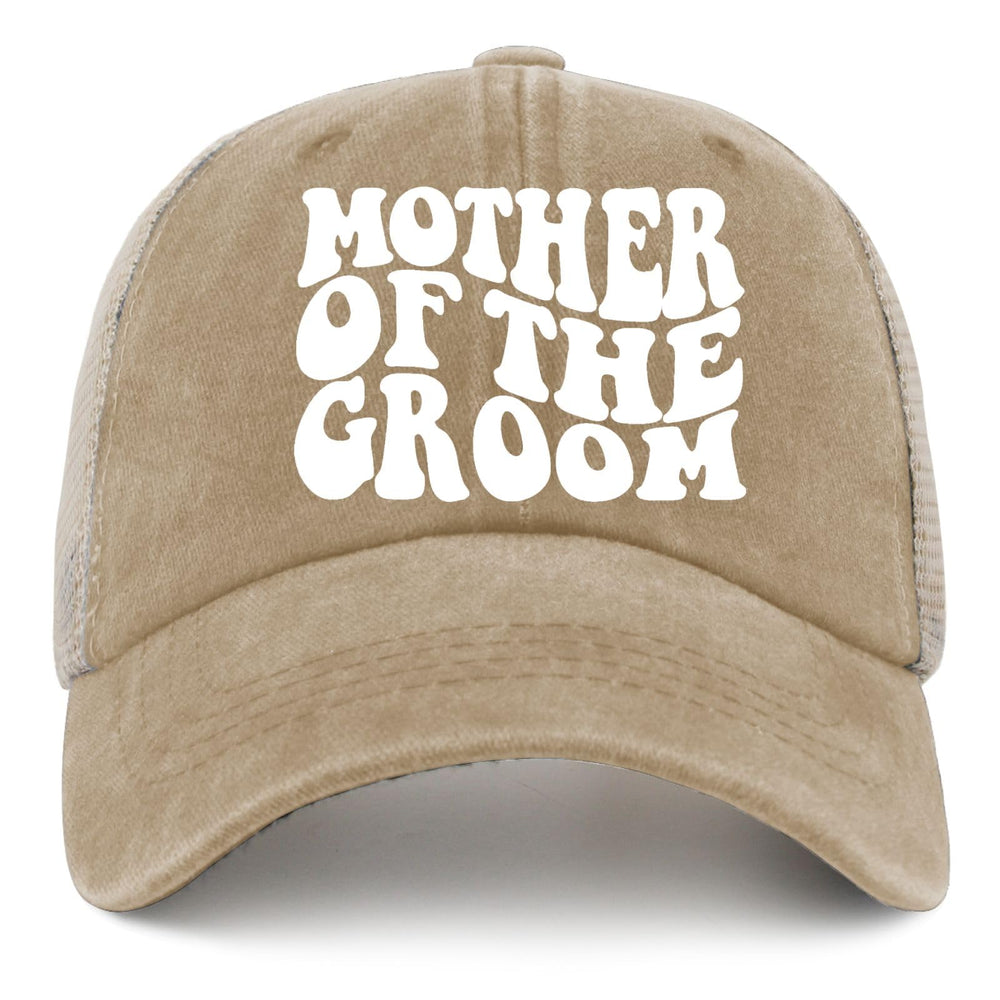 Povmekd Mother of the Groom Trucker Hat front view with vintage denim texture, a stylish wedding-ready accessory.