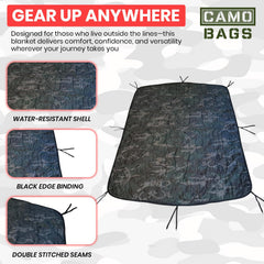 Powell Tool Bags camo woobie blanket with 8 tie cords enables quick shelter setups.