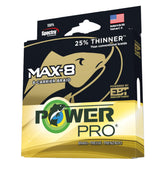 Power Pro Max-8 braided line pack shot highlights multicolor braid and offshore strength.