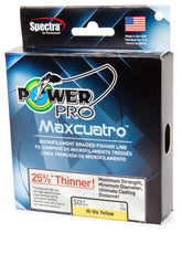 Power Pro MaxCuatro Spectra HT braided line packaging highlighting strength and high-vis visibility.