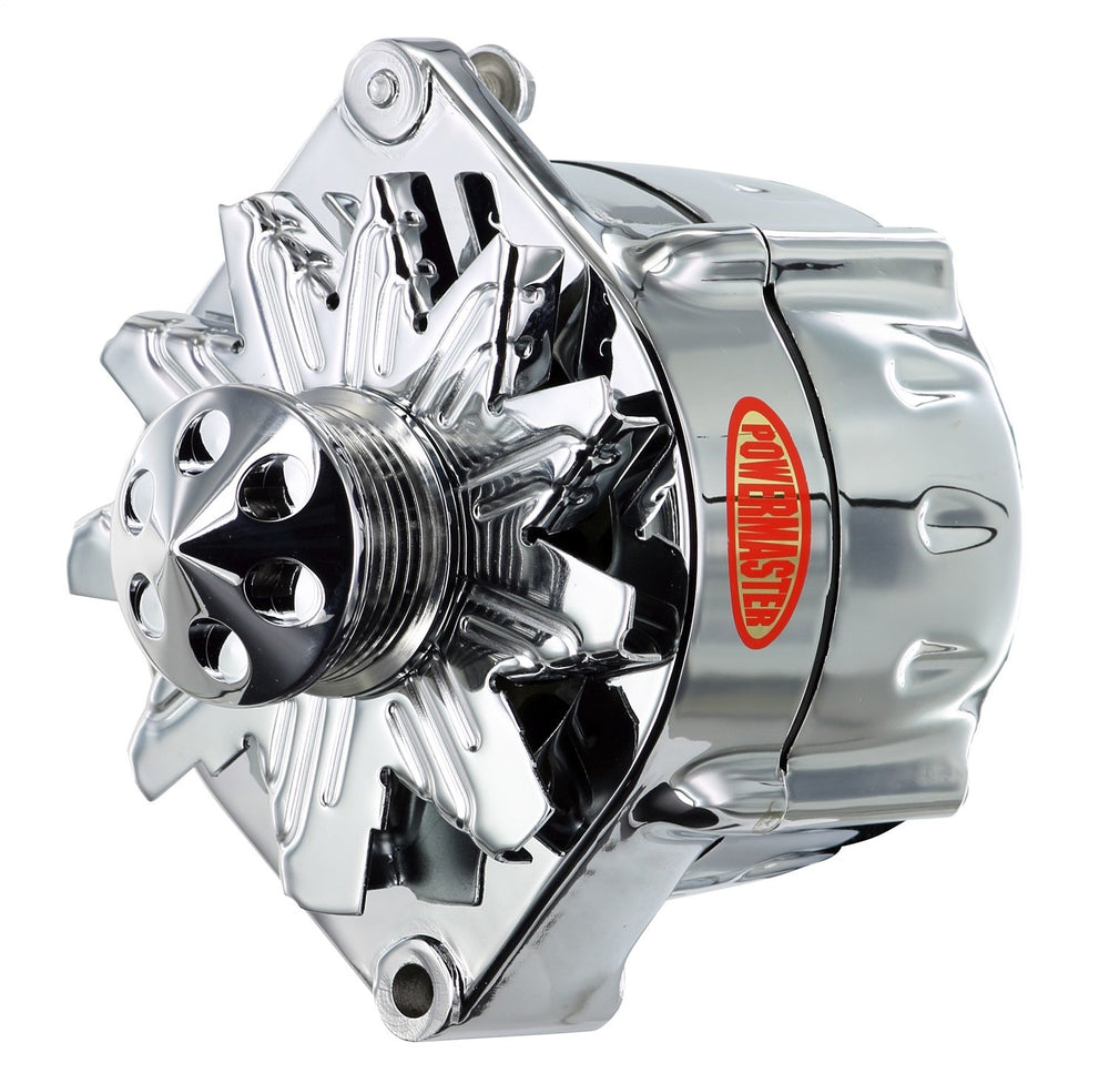 Powermaster GM 12SI chrome alternator with 6-groove pulley boosts engine bay style.