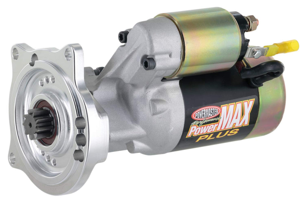 Powermaster PowerMAX Plus starter for Ford FE with billet black 3 ear mount, improves reliability and fit.