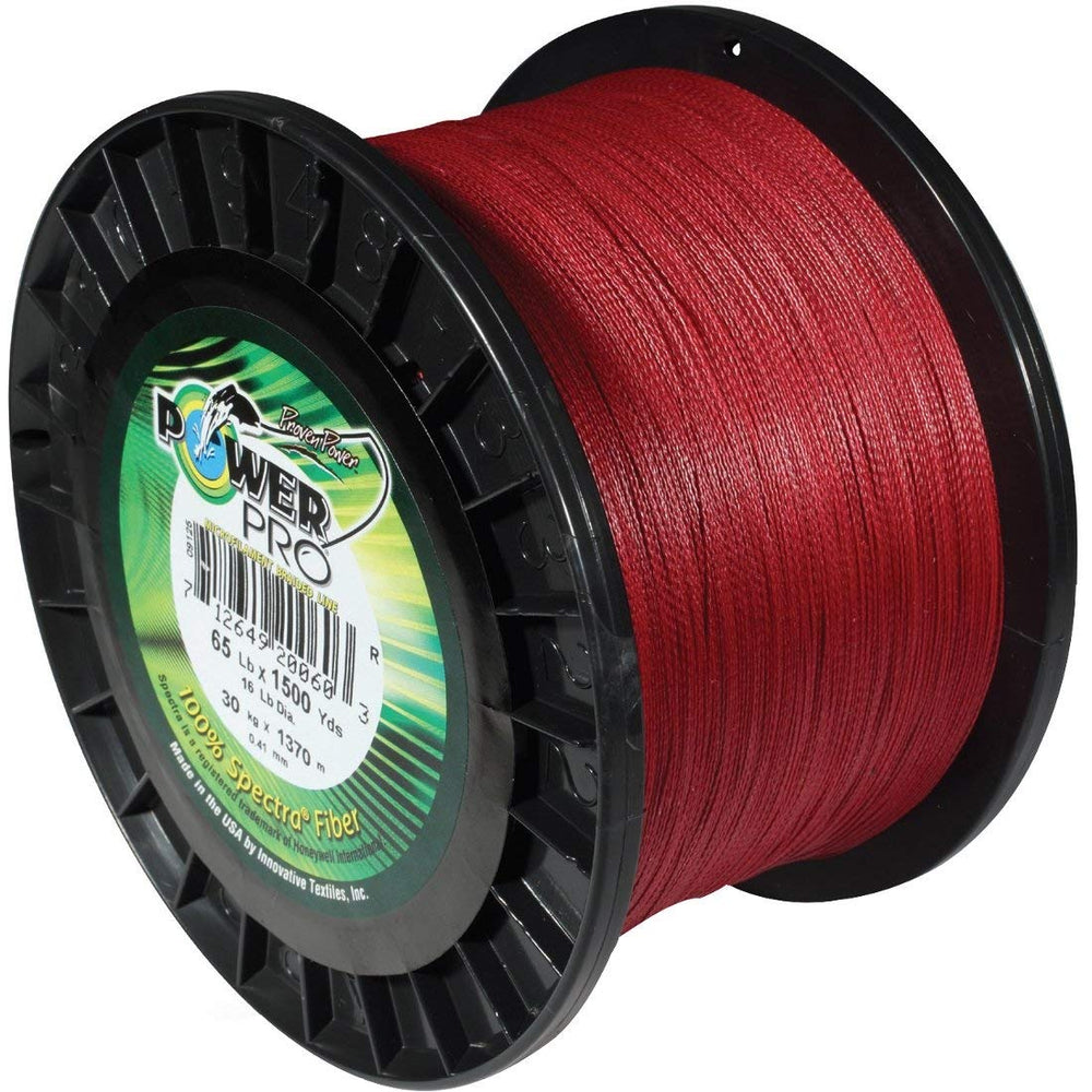 Power Pro Spectra braided line in vermilion red for long casts and high sensitivity.