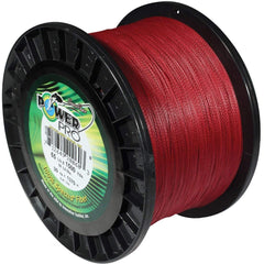Power Pro Spectra braided line in vermilion red for long casts and high sensitivity.