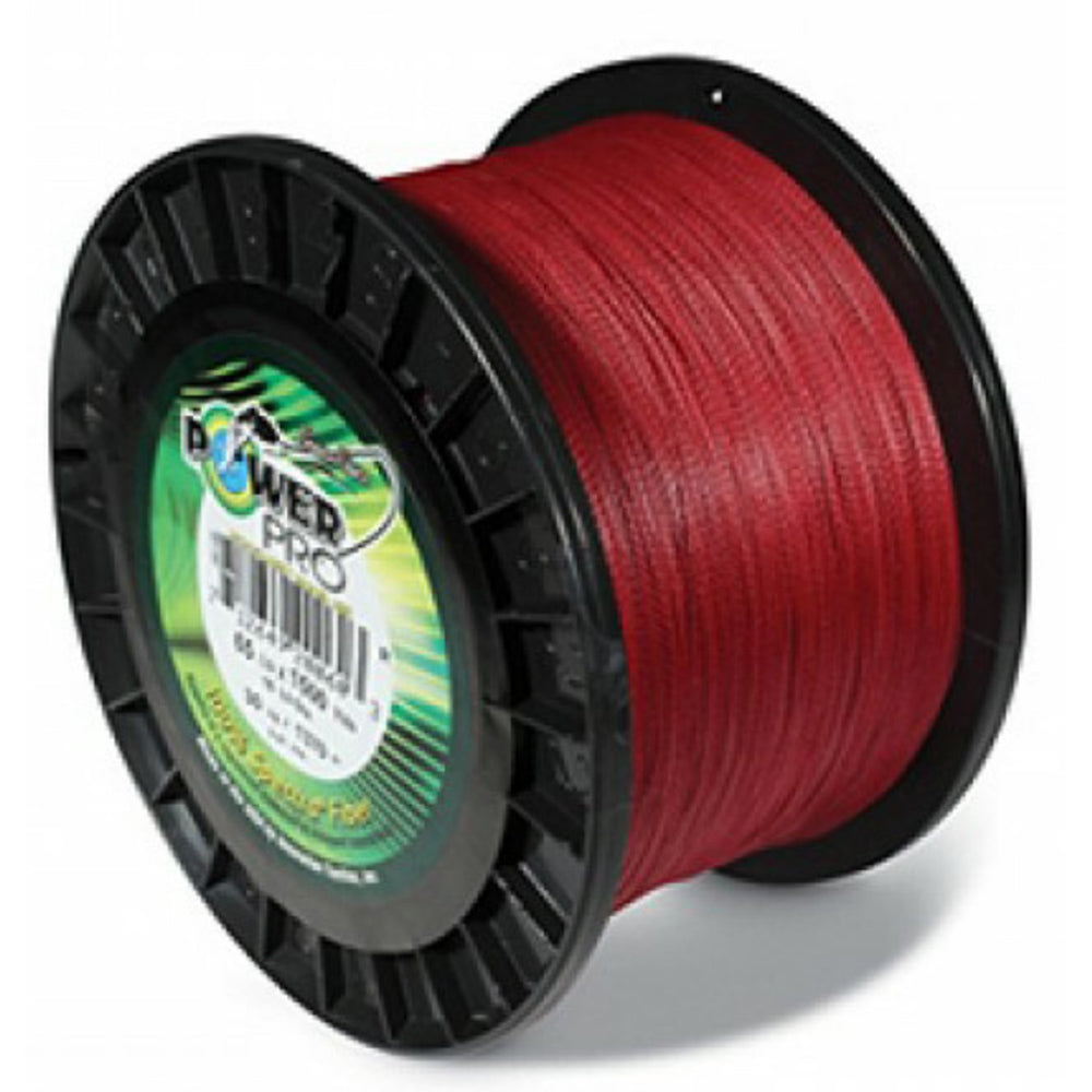 POWERPRO Spectra braided line Vermilion Red spool highlighting sensitivity and abrasion resistance.