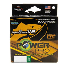 PowerPro SSV2 80 lb moss green braided line highlights roundness and smooth feel for bites.