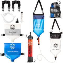 Practical Survival gravity dirty bag ready for outdoor filtration.