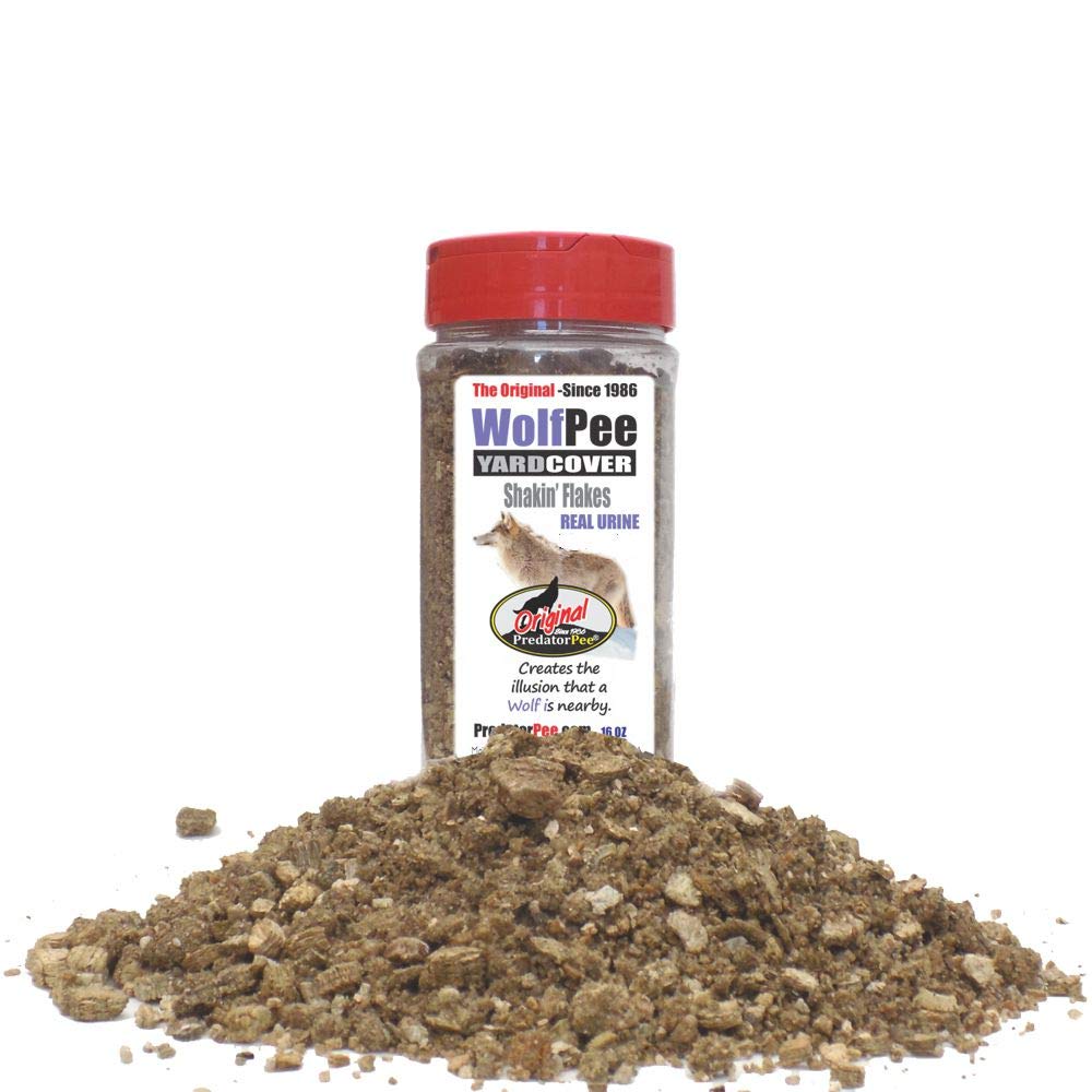 PredatorPee Wolf Pee Shakin' Flakes jar showcasing real wolf urine granules for wildlife signaling and marking.