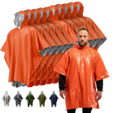 PREPARED4X emergency poncho worn over a backpack for hands-free rain protection.