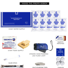 Preppi GoBox Swiss multi-tool and whistle for quick fixes and signaling.