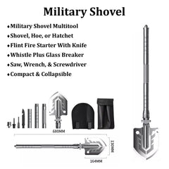 PREPSENTIAL Go Bag Folding Shovel 680mm extended demonstrates multi-use survival tool for digging and shelter tasks.