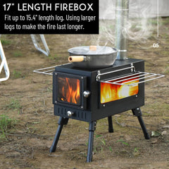 Preself hot tent stove large side window offers clear flame view for precise warmth.
