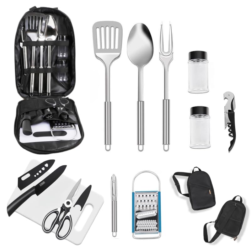 PRETTYFINE camping utensil set neatly stored in its bag for organized outdoor meals.