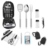 PRETTYFINE camping utensil set neatly stored in its bag for organized outdoor meals.