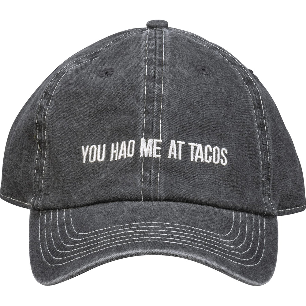 Primitives by Kathy taco cap front view with embroidered slogan for casual wear.